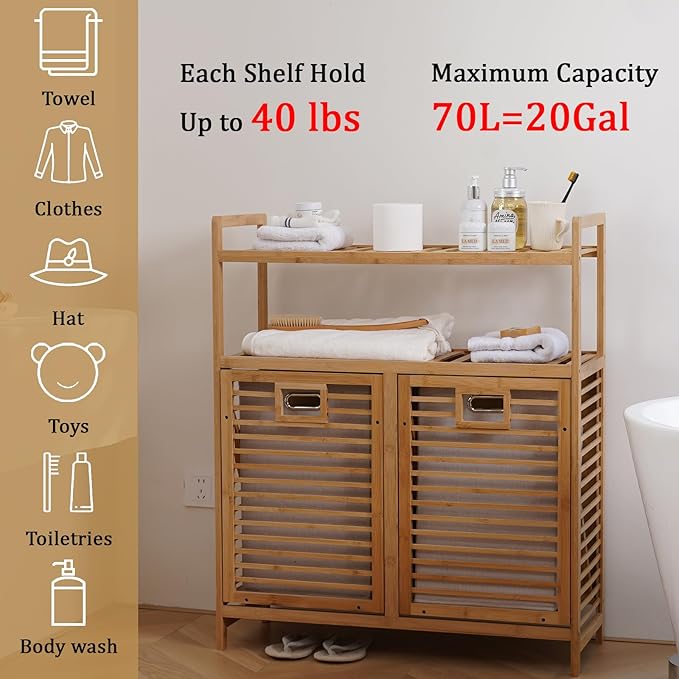 Double Tilt Out Laundry Hamper, Bamboo Hamper with 2 Removable Bags, Pull Out Laundry Hamper Cabinet, Bathroom Storage Shelf for Laundry Room, Living Room, Bedroom (2-Tier, Natural)