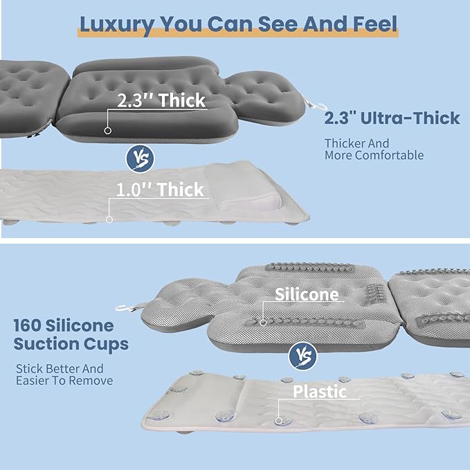 Bath Cushion, Full Body Bathtub Pillow with 160 Suction Cups, Bath Mat for Head and Neck Support, with Laundry Bag (Dark Gray, 51" x 16")