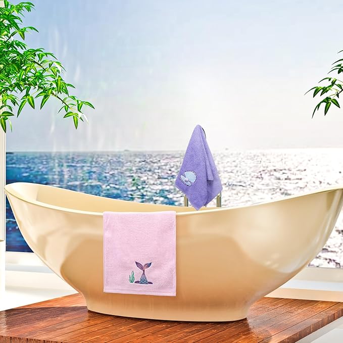 3 Pcs Watercolor Mermaid Hand Towels 14 x 29 Inch Cotton Embroidered Mermaid Shell Beach Bathroom Towels Sea Ocean Bathroom Decorative for Home Drying Cleaning Cooking Gift