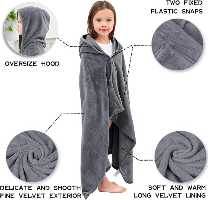 Hiturbo Kids Hooded Bath Towel: Soft Plush Pool Beach Fleece Towel Blanket - 50"x30" Toddler Towels Wrap for Boys Girls 3-12 Years (Gray)