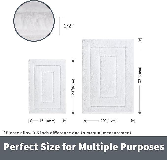 GRANNY SAYS Bathroom Rugs Sets 2 Piece,Soft Bath Mats for Bath, Bathroom Rugs Non Slip Washable, Absorbent Bath Rug for Tub,Shower and Toilet, Bath Mat Set (White, 20" x 32" + 16" x 24")