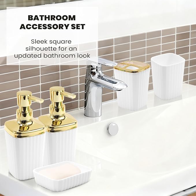 9-Piece White Bathroom Set with Press-Top Slim Trash Can - Minimalist Vertical Stripe Bathroom Accessories Sets with Toilet Brush, Soap Dispenser, Toothbrush Set, Soap Dish & Apothecary Jars