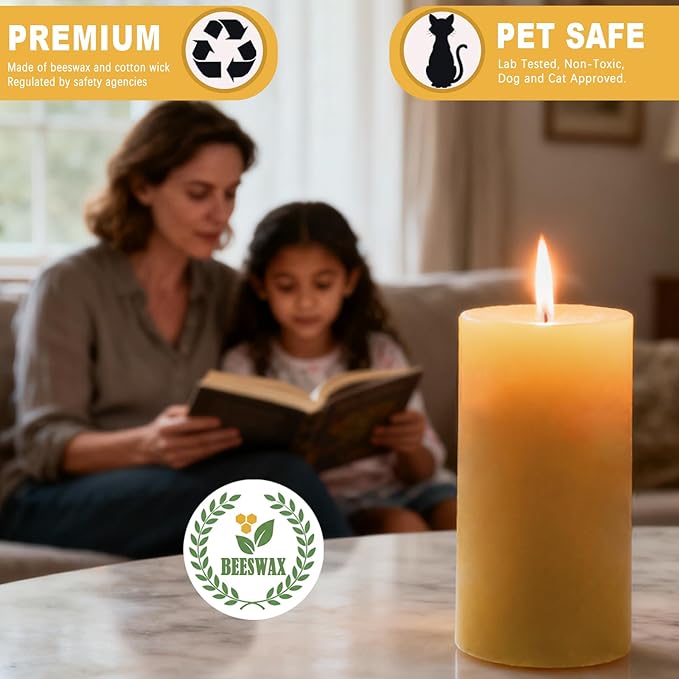3 Packs Beeswax Pillar Candles, Pure Beeswax Candles with 35 Hours Burn Time, Smokeless & Dripless Bees Wax Candles for Home Decor, Prayer, Christmas Party(2x4 inch)