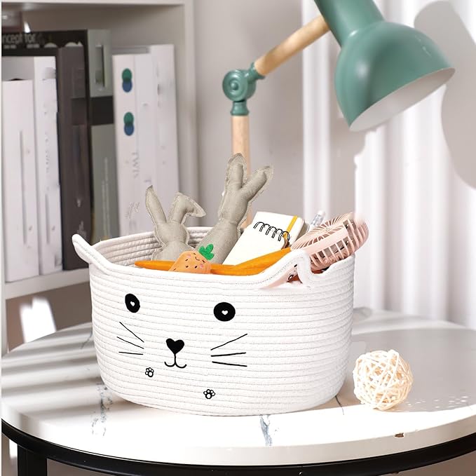 Zopeal Cat Basket Storage Woven Organizer with Ears Christmas Decorative Pet Toy Cute Cotton Rope Basket for Gift Cat Dog Toy Bin Nursery Room(13.7 x 7.8 Inch,White)