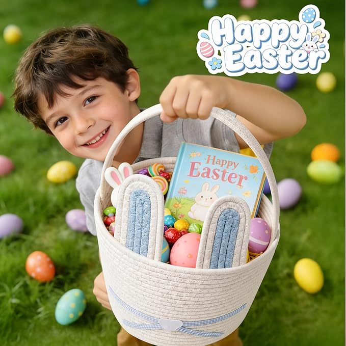 Easter Basket, Easter Bunny Basket with Removable Ears Woven Easter Egg Hunt Basket First Easter Gift Baskets Empty Easter Baskets Essentials Easter Bucket for Girls Boys Teens (Blue White)
