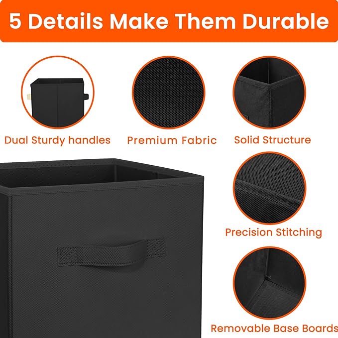 Criusia Storage Cubes, 11 Inch Clothes Storage Bins for Shelves Closet (10 Pack), Fabric Collapsible Storage Bins with Dual Handles, Cubby Storage Baskets Boxes, College Dorm Room Essentials (Black)