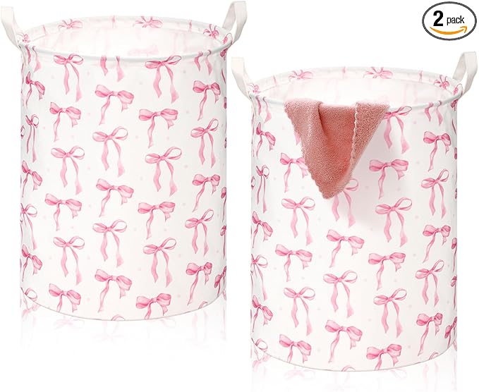 Coquette Pink Bow Laundry Basket Pink Bow Nursery Laundry Basket Hamper Waterproof Collapsible Storage Bin Organizer for Bedroom Bathroom Room Dorm Clothes Toys