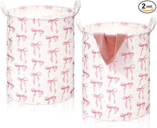 Coquette Pink Bow Laundry Basket Pink Bow Nursery Laundry Basket Hamper Waterproof Collapsible Storage Bin Organizer for Bedroom Bathroom Room Dorm Clothes Toys