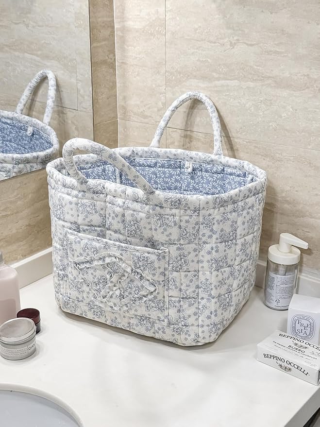 Fabric Storage Basket Boho Large Collapsible Floral Laundry Nursery Hamper Knitting Storage for Car Clothes Toys