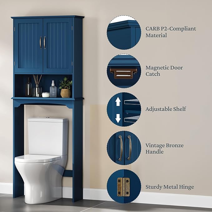Topeakmart Over The Toilet Storage Cabinet, Organizer with Double Doors and Inner Adjustable Shelf and Lower Open Shelf for Bathroom Laundry, 66 in H, Navy Blue