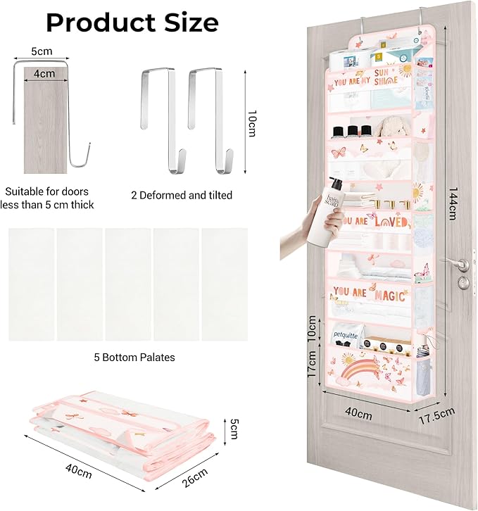 Clastyle Rainbow Over The Door Organizer Cloud Nursery Hanging Storage Organizer for Girls Clothes Diaper Toy Closet Door Hanging Shelf Storage for Bedroom Bathroom Pantry, Butterfly, 5-Tier