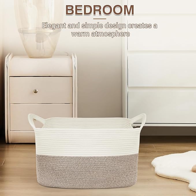 YOUDENOVA Nursery Storage Basket，21.6''×14.9''×11.8'' Rectangle Cotton Rope Blanket Basket, Nursery Laundry Hamper for Organizing，Toy Basket for Living Room, Bedroom