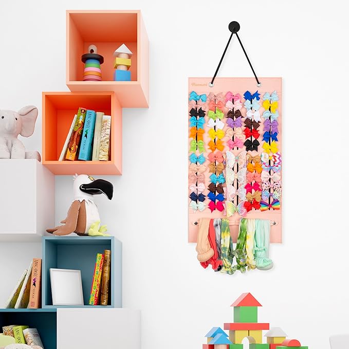 PACMAXI Baby Girl Hair Bows Holder, Hair Clips Storage Hanger For Ribbons, Hair Bows Organizer, Baby Hair Clip Storage Display Sturdy Stand, Wall Hanging for Girl Room (Pink, Small)