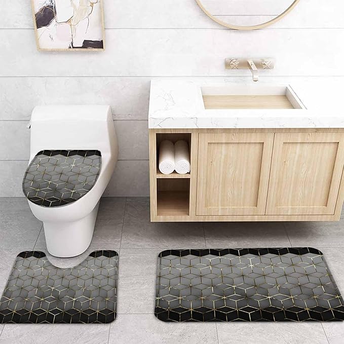 Grey Black Geometric Bathroom Set with Shower Curtain and Rug and Accessories,66x72 Inches Long Bathtub Curtain with Large Bath Mat,Minimalist Honey Gold Plaid Line Bathtub Floor Runner Rug Set