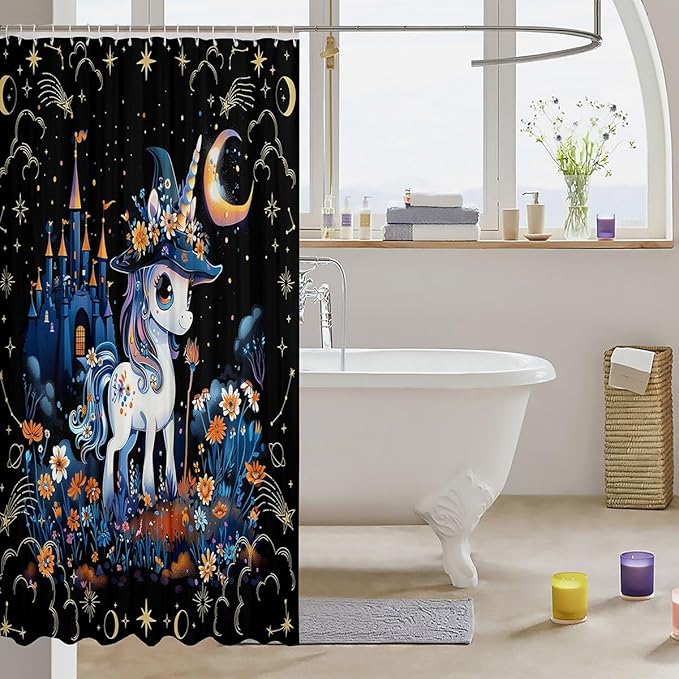 Halloween Unicorn Fabric Shower Curtain,Mysterious Castle Flower Starry Sky Shower Curtain for Bathroom,Cartoon Animals Waterproof Shower Curtain,72 Inch Long