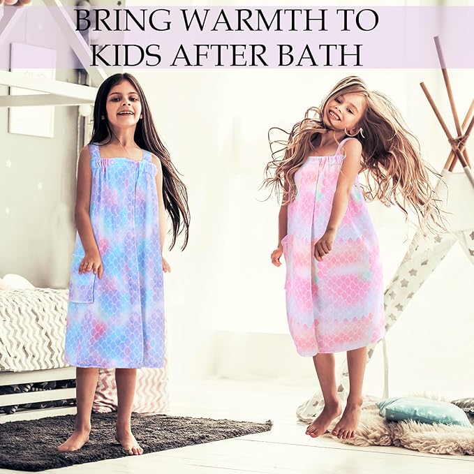 2 Sets Girls Towel Wrap Hair Towel Wrap for Kids with Soft Bath Body Dress Cute Adjustable Bathrobe with Turbans for 3.9-4.9 ft Kids Girls Wet Hair Rapid Drying(Princess Mermaid)