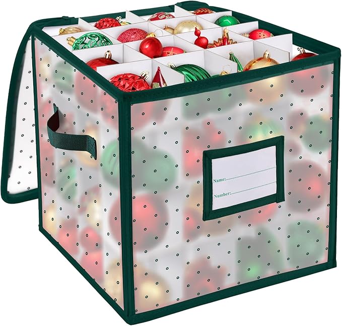 BINSUNS Christmas Ornament Storage Box, Christmas Storage Containers Organizer Bag with Dividers - Fits up to 64 Holiday Xmas Ornaments Decorations 3" Seasons Balls(Green)