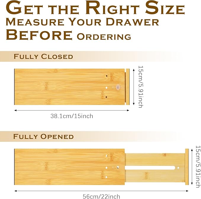 4 Pcs Deep Bamboo Drawer Dividers, Deep Kitchen Dresser Drawer Organizer with Spring Loaded for Clothes, Adjustable Expandable from 15-22 Inch (Wood Color,6 Inch)