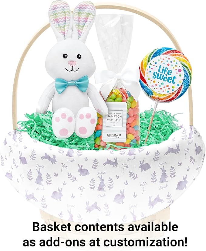 Let's Make Memories Personalized Easter Basket for Kids - For Boys - For Girls - Create Your Own - Fillable - Wicker - Easter Basket Stuffers - Large - Purple Rabbit
