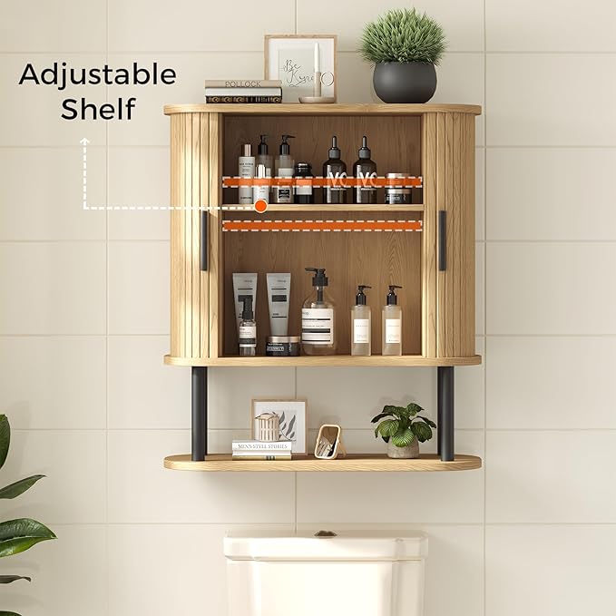 Bathroom Wall Cabinet, Over The Toilet Cabinet with Sliding Doors and Adjustable Shelf, Space Saver, Wall Mounted Medicine Cabinet for Laundry Room & Kitchen & Living Room, Natural