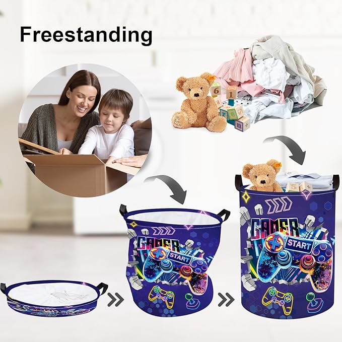 Clastyle Cool Game Storage Basket Kid Game Controller Clothes Laundry Hamper Collapsible Boy Toy Box for Nursery Palyroom,3D Purple,36 * 45 cm