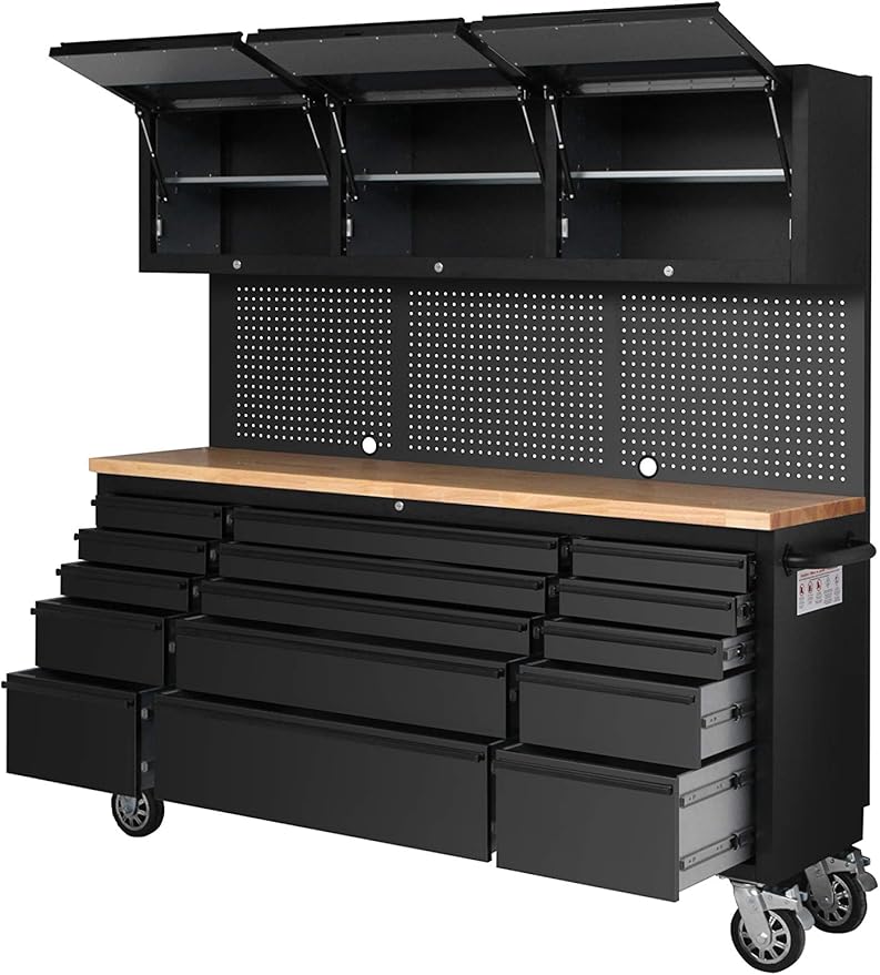 SINDA 72 Inch Tool Chest with Drawers and Wheels Mobile Workbench Garage Tool Storage Cabinet Large Rolling Lockable Tool Box with Wood Top, 15 Drawers + 3 Upper Cabinets, Matte Black