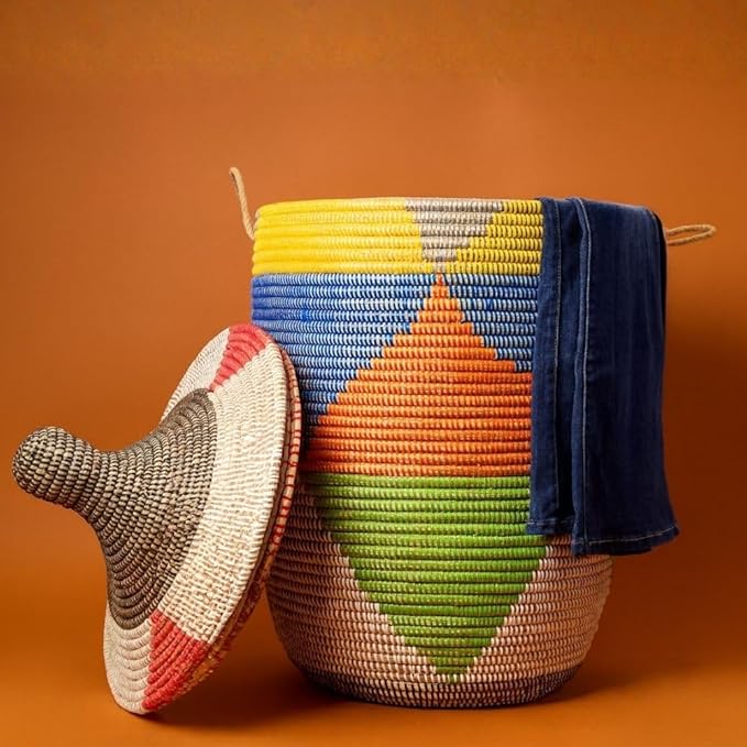 Colorful Triangles Wicker Baskets, Storage Hampers for Laundry, Blankets, Toys, Bedroom, Living Room, Nursery (Large)
