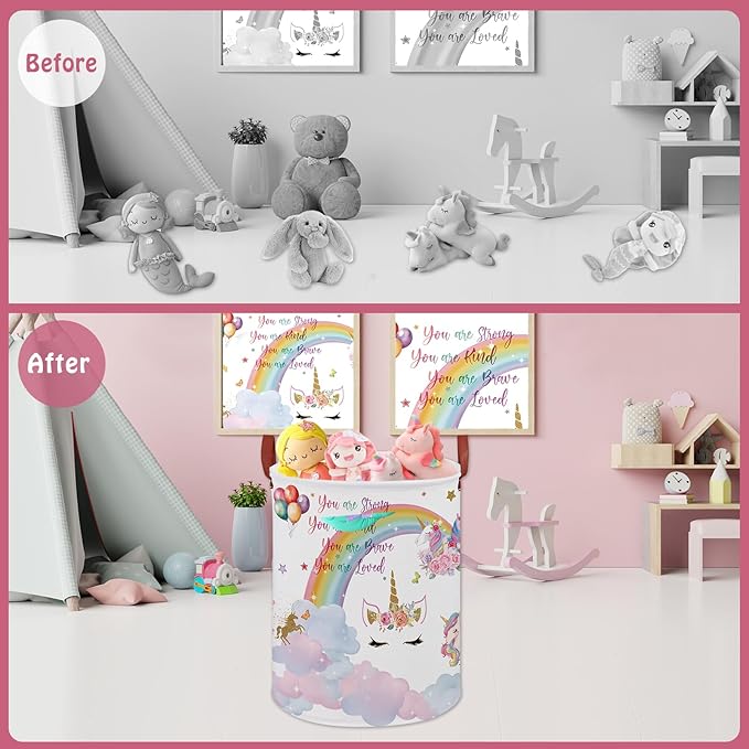 Unicorn Room Decor Kids Laundry Basket, Rainbow Cloud Toy Box for Girls,Pink Toddler Laundry Hamper Storage Bin,Cute Shelf Basket Clothes Book Toy Box Bin for Bedroom Bathroom(Cloud Unicorn)