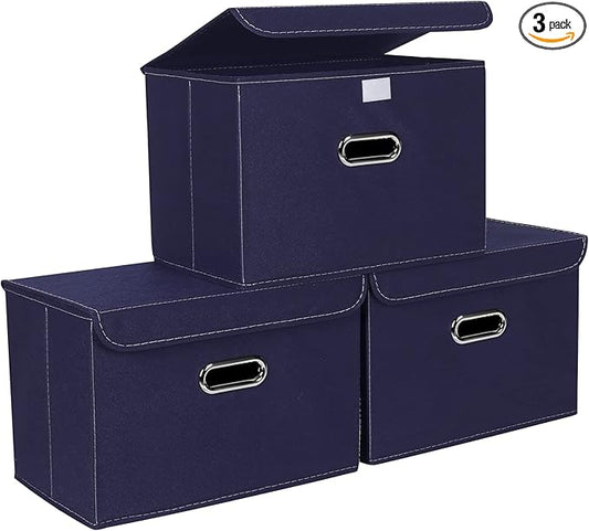 STOREONE Fabric Storage Cube Bins Foldable Organizer Container Collapsible Basket with Lids and Metal Handles, for Home, Bedroom, Closet 3 Pcs (Navy Blue)