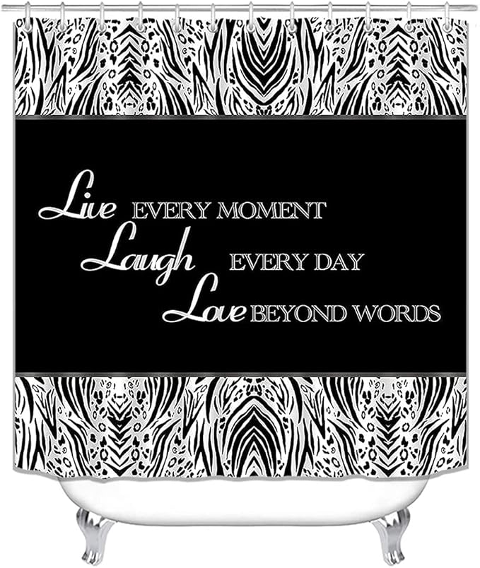 4PCS/Set Inspirational Quotes Shower curtain, Black and White Modern Zebra Pattern Motivational Bathroom Decor, Waterproof Fabric Shower curtain, Non-slip Bath Rugs Toilet Mat, Live Laugh Love