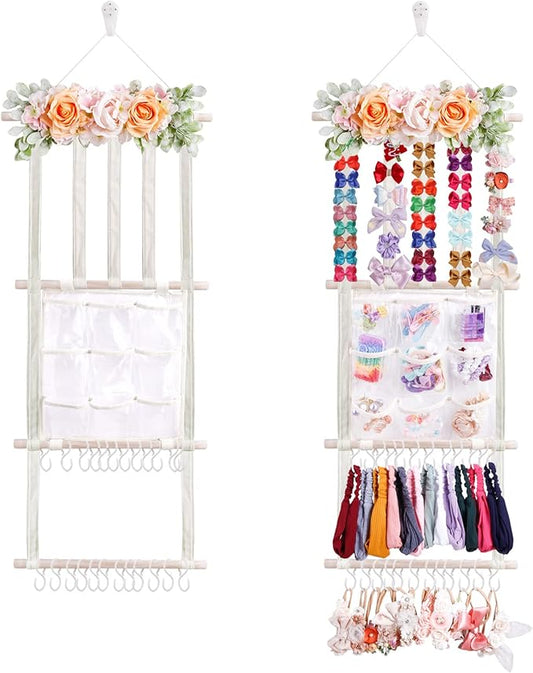cherrboll Hair Bows Holder Headband Organizer for Girls, Hair Clips Hanger Storage with Hooks, Wall Hanging Decor for Nursery Room