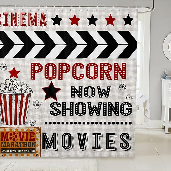 70's Vintage Cinema Movie Theater Shower Curtain Popcorn Bathroom Curtain Cinema Poster Design All Season Waterproof Curtain for Kids Boys Black Red Microfiber Bath Curtain Room Decor,72"Wx72"L