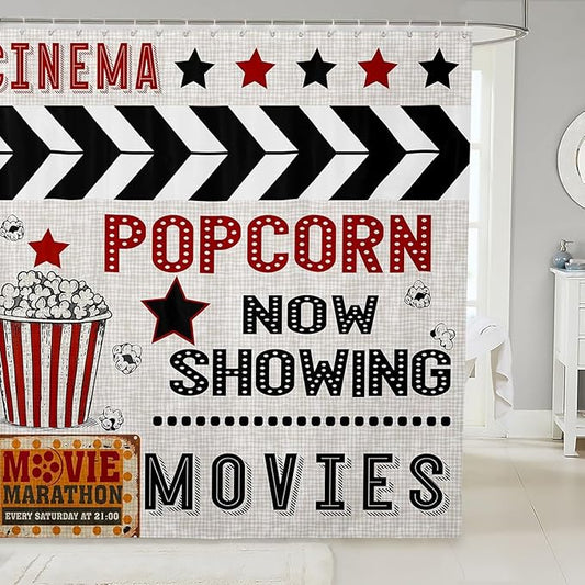 70's Vintage Cinema Movie Theater Shower Curtain Popcorn Bathroom Curtain Cinema Poster Design All Season Waterproof Curtain for Kids Boys Black Red Microfiber Bath Curtain Room Decor,72"Wx72"L