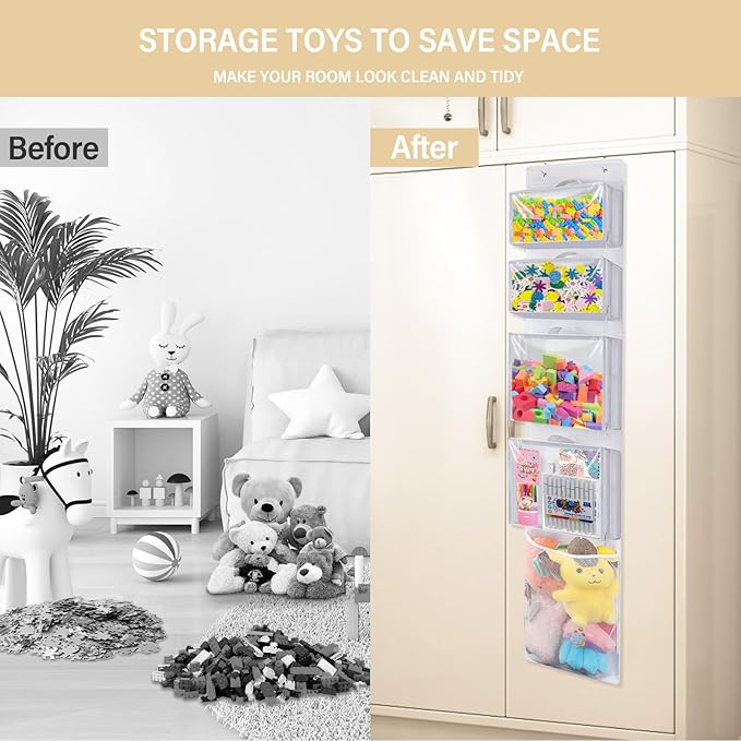 Over Door Organizer and Storage, Hanging Toy Holder with 4 Clear Removable Pouches, Toddler Room Wall Stuffed Animal Bag Case, Kids Playroom Closet Organization for Building Block, Puzzle