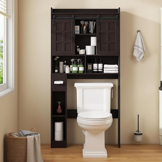 Over The Toilet Storage Cabinet, Farmhouse Storage Cabinet Over Toilet with Sliding Doors，Home Space-Saving Toilet Rack, for Bathroom, Restroom, Laundry. Espresso