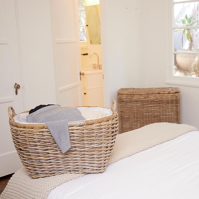 The Basket Lady Oval Kubu Wicker Laundry Basket, 25 in L x 19 in W x 14 in H, Serene Grey