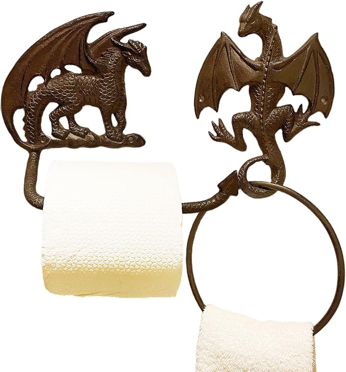 Gothic Dragon Cast Iron Toilet Paper Holder and Towel Ring Set, Wall Mounted Decorative Bathroom Accessories, 2 PCs