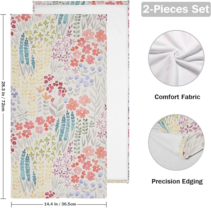 2 Pcs Spring Summer Flower Decorative Hand Towels for Bathroom,Soft Absorbent Watercolor Meadow Floral Bohemian Dish Towels for Kitchen,Quick Dry Guest Bathroom Towels for Face,Shower 14"x28"