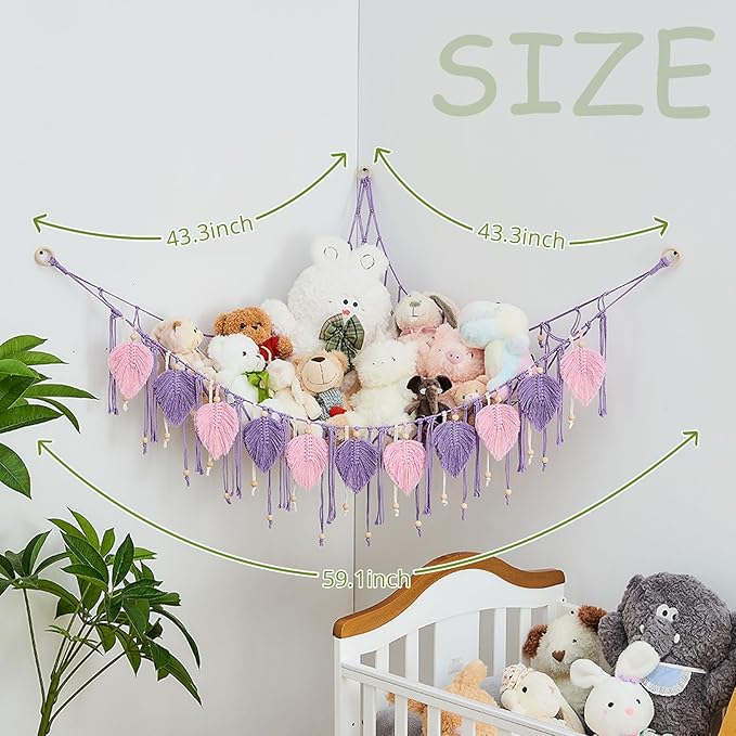 Pretty Jolly Macrame Stuffed Animal Hammock with Beads Hand Woven Leaf Tassels Corner Hanging Net Boho Plush Holder for Toys Kid Room Nursery Decor Easy Install Organizer for Girls Gift(Purple)
