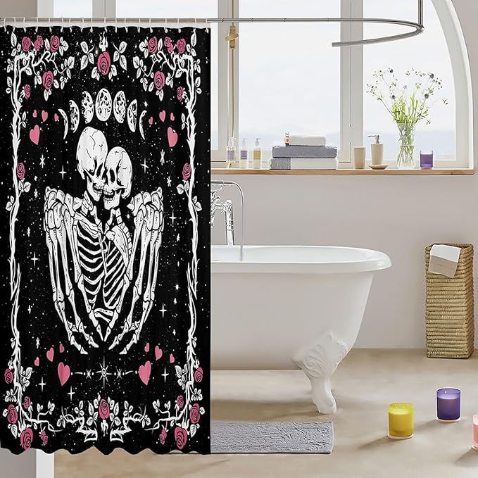Happy Halloween Theme Shower Curtain,Bohemian Sun Moon Flower Decorative Bath Curtain,Romantic Skeleton Home Bathroom Decor Polyester Fabric Waterproof 72 x 84 Inches