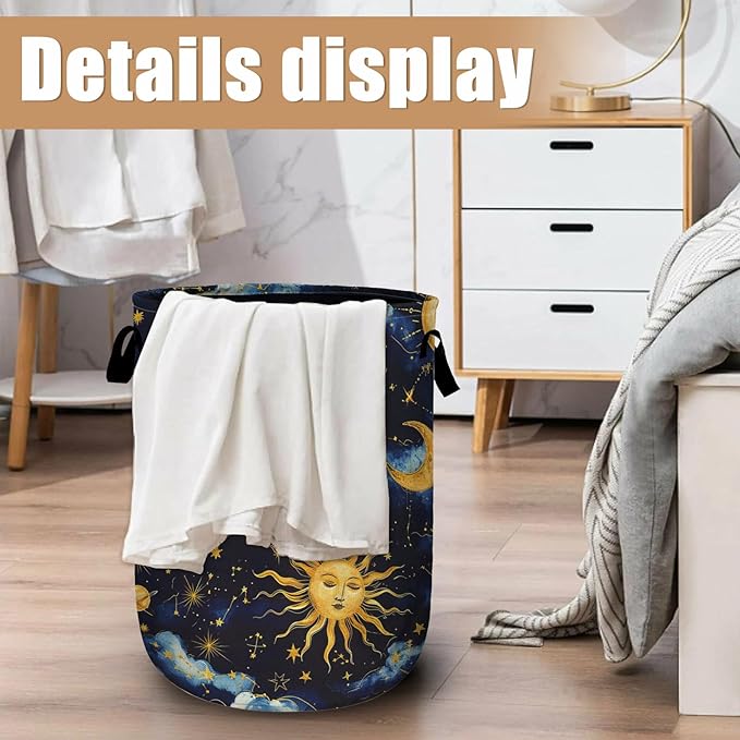 Sun Moon Laundry Basket, Foldable Cloudy Starry Night Laundry Hamper Tote Bag Dirty Clothes Storage Bucket Toy Organizer for Bathroom/Laundry/Bedroom 15.7"x19.6"