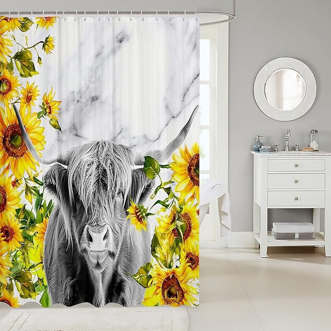 Highland Cattle Shower Curtain Girls Sunflower Highland Cow Marble Print Bathroom Shower Curtain Set Farm Animal Bath Curtain for Bathroom Sunflower Floral Bathroom Accessories Decorative 72"x78"
