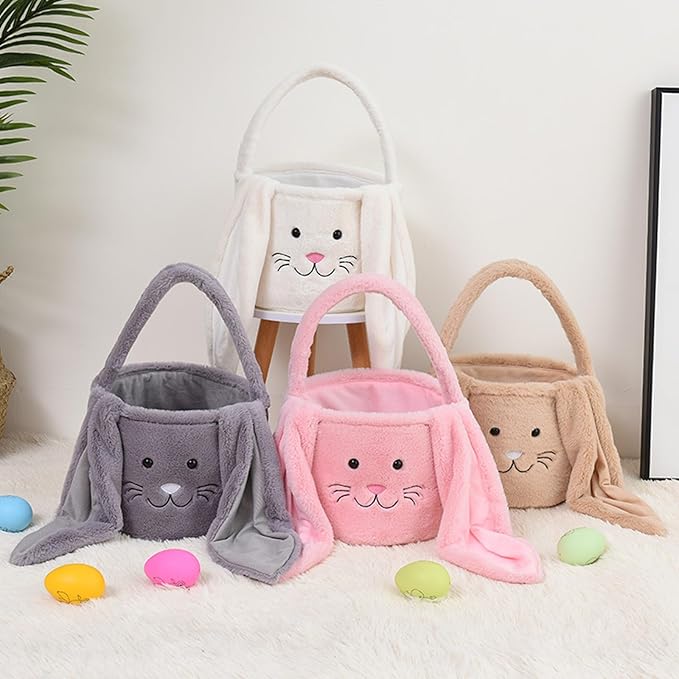 Plush Easter Bunny Basket Bags for Kids, Rabbit Bucket Tote with Long Fluffy Ears, Cute Egg Hunts Party Storage Candy Gifts Carry Bucket Decorations (White + Pink)