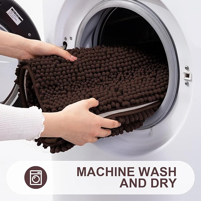 Grandaily Chenille Striped Bathroom Rugs 59x20, Extra Thick and Absorbent Bath Mats, Non-Slip Soft Plush Shaggy Shower Carpet, Machine Wash Dry, Bath Rug for Bathroom, Brown