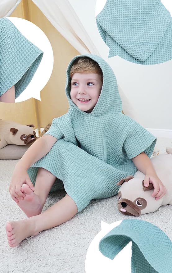 BANGSAUR Hooded Poncho Towel for Toddlers Babies Cotton Lightweight Cover-up Bath Beach Changing Towels, 2-5 Years,Green,23.6in