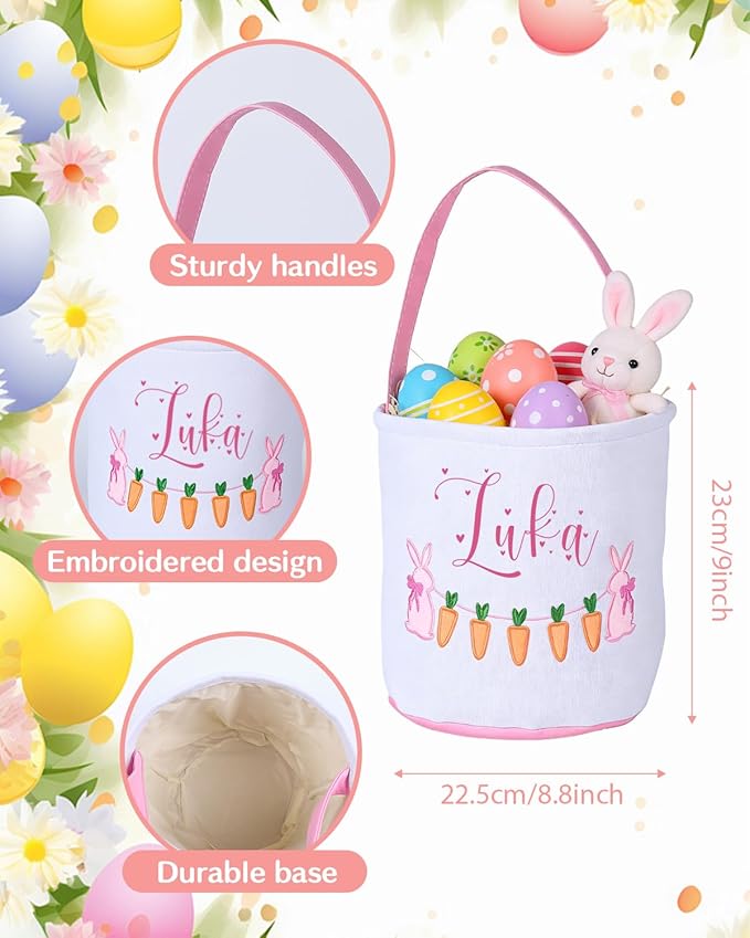 Personalized Embroidered Easter Basket for Kids - Custom Name Carrot Bunny Basket Bags, Perfect for Easter Egg Hunt, Gifts & Party Favors for Boys & Girls