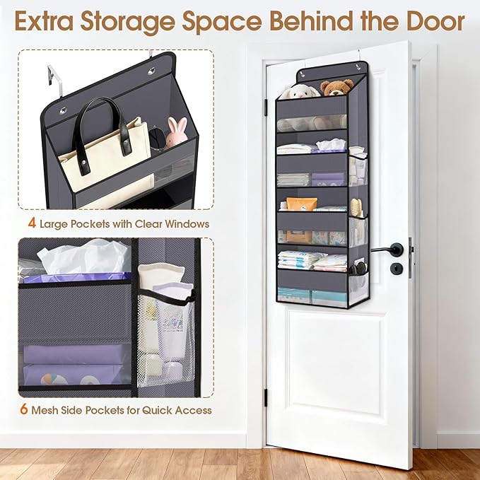 WISELIFE Over The Door Organizer Storage with 4 Large Pockets Door Hanging Organizer with Clear Windows behind The Door Storage for Nursery Bedroom Bathroom Pantry Closet and Baby Essentials Dark Grey