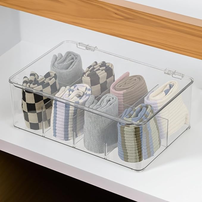 Plastic Clear Storage Containers, Set of 2 Tea Bag Organizer Boxes 8 Compartments with Lids, Underwear Tie Drawer Organizer, Dresser Organizer (10.8×7×3.7")