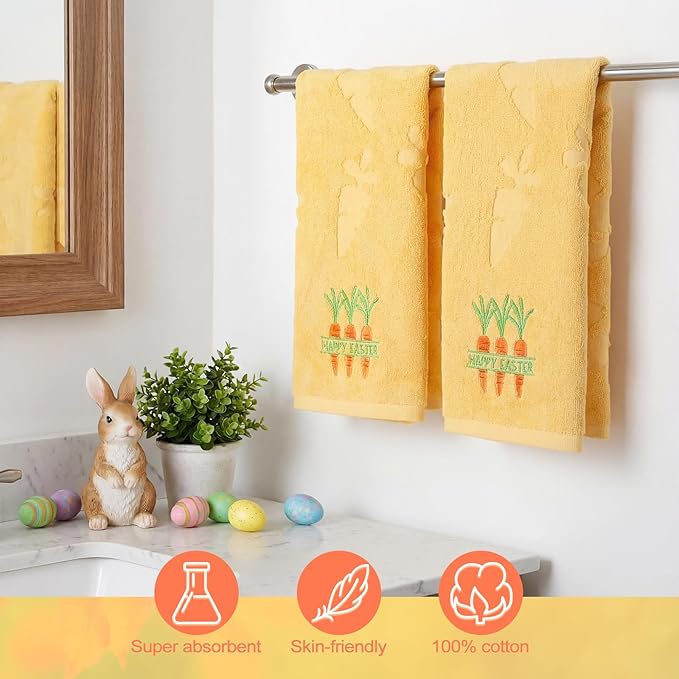 2 Pcs Easter Hand Towels for Bathroom Carrot Easter Bath Towels Yellow 100% Cotton Jacquard Embroidered Decorative Gift Set Kitchen Decor Home Accessories