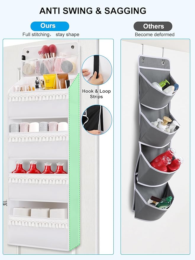 Over the Door Organizer - Boho Nursery Hanging Organizer with Tassels -Oxford Behind Door Storage for Bedroom, Bathroom, Closet, Dorm, Pantry, Diapers, 4 Shelves, White